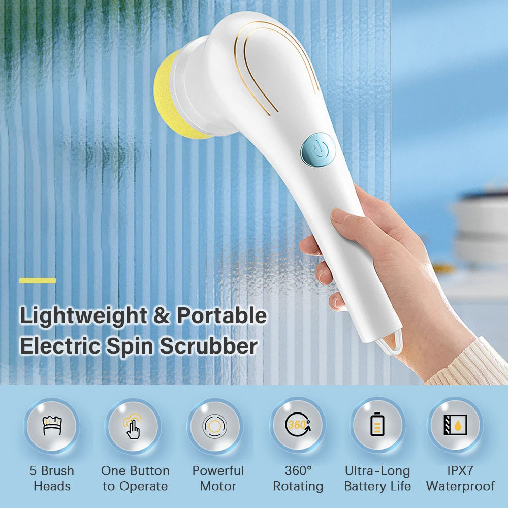 Electric Spin Scrubber Multifunctional Cleaning Brush with 5 Heads Cordless Handheld for Kitchen Bathroom Wall