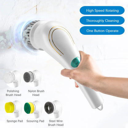 Electric Spin Scrubber Multifunctional Cleaning Brush with 5 Heads Cordless Handheld for Kitchen Bathroom Wall