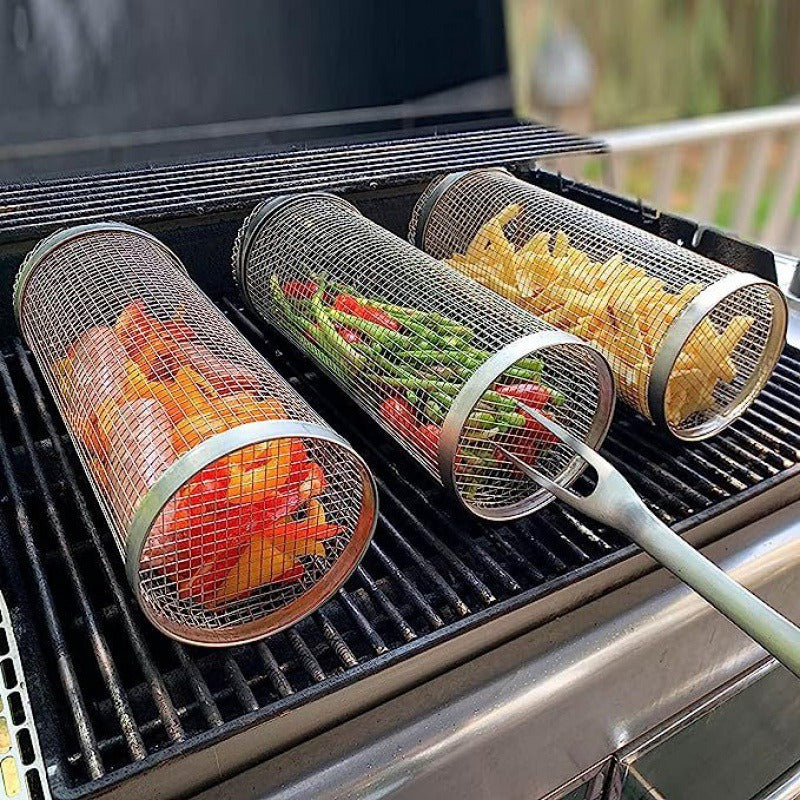 Rolling Grilling Basket Metal BBQ Barbecue Basket Net