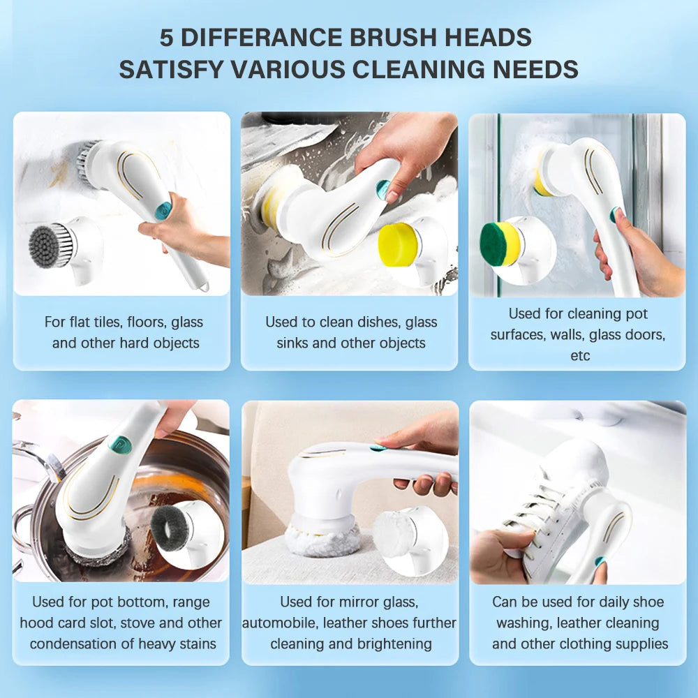 Electric Spin Scrubber Multifunctional Cleaning Brush with 5 Heads Cordless Handheld for Kitchen Bathroom Wall